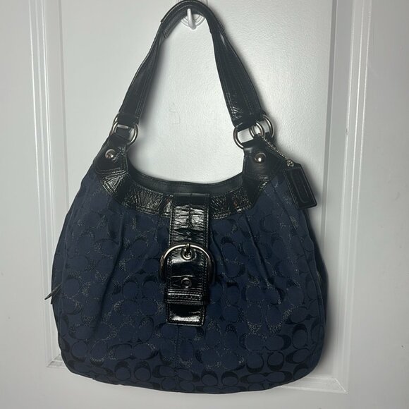 Vintage Y2K Coach Jaquard Blue Canvas and Patent leather Lynn Hobo - Picture 2 of 10